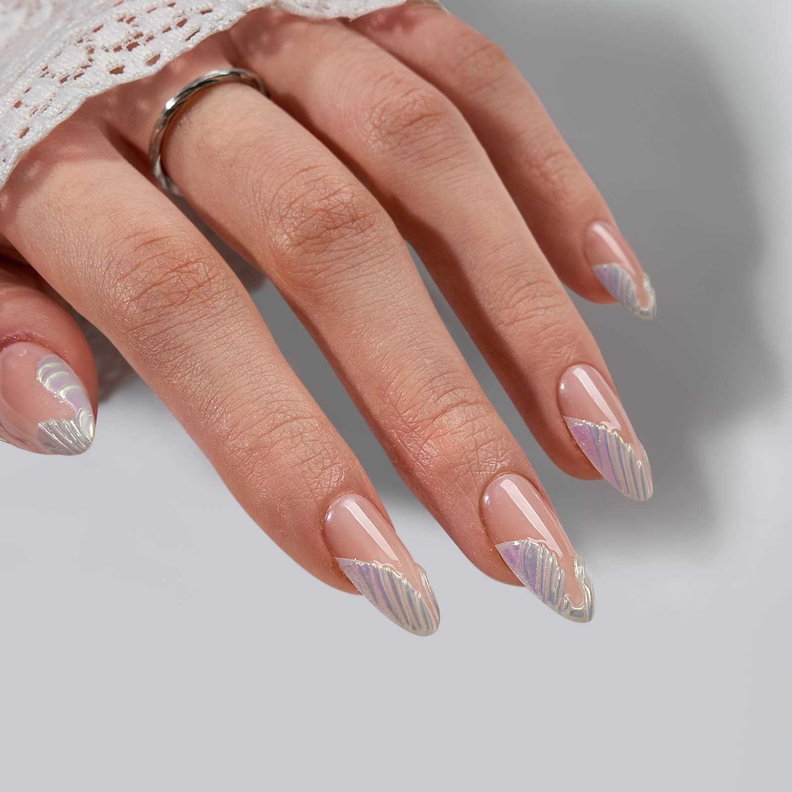 Chrome French Tip Press On Nails- BTARTBOX Square Fake Nails: Evening Attire