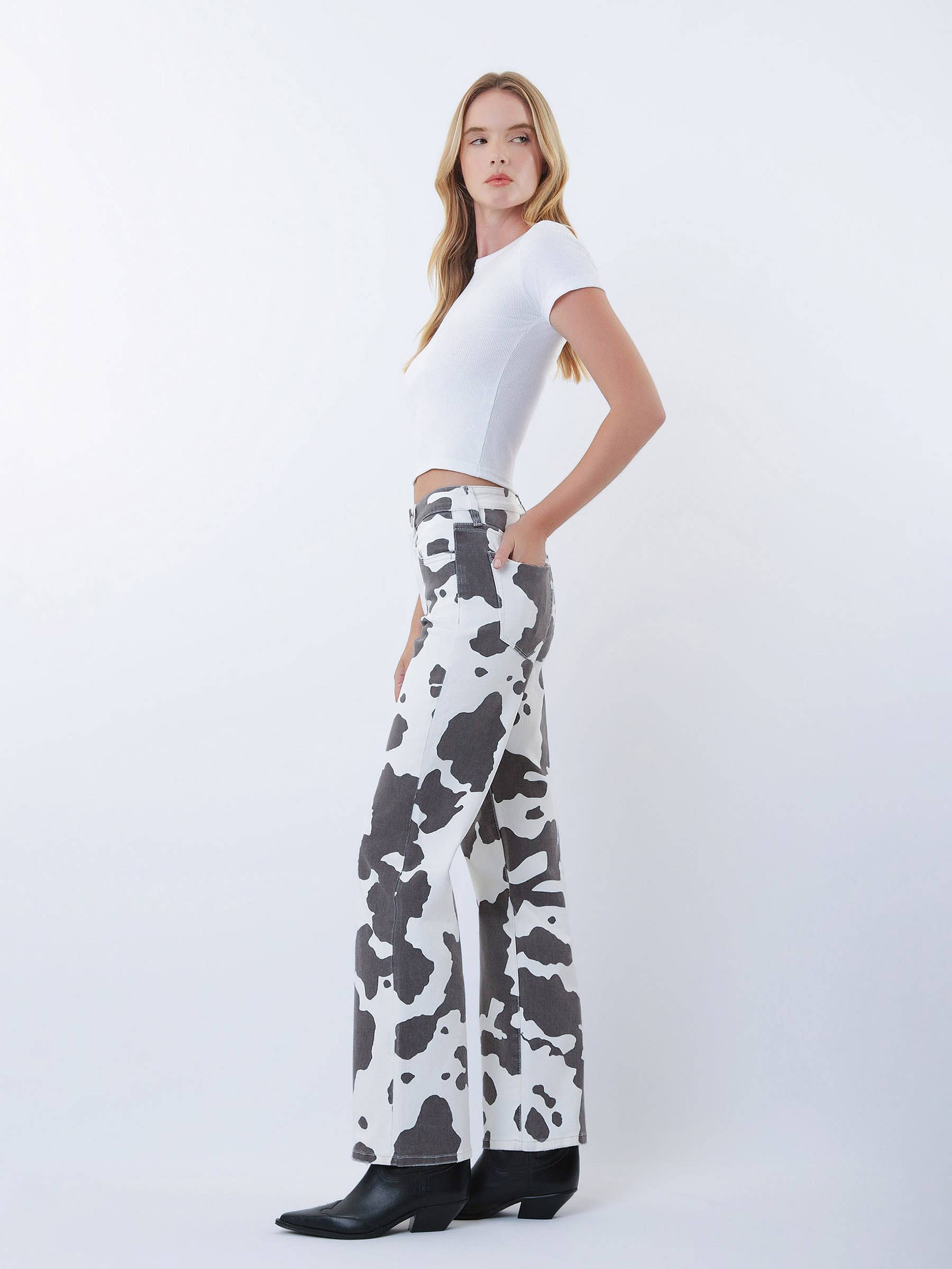 HIGH RISE FULL LENGTH COW PRINT WIDE JEANS
