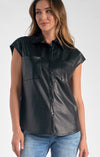 Cap Sleeve Button Down Faux Leather Shirt