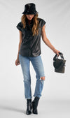 Cap Sleeve Button Down Faux Leather Shirt