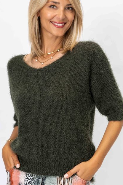 Short Sleeve Fluffy Knit Italian Sweater
