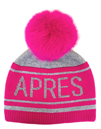 "APRES" Knit Hat with Fox Pom