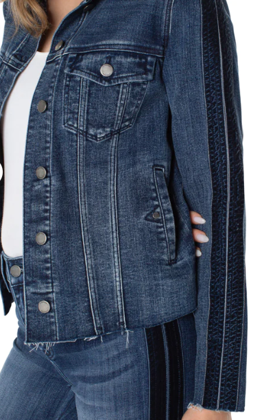 Frayed Jean Jacket with Velvet Trim