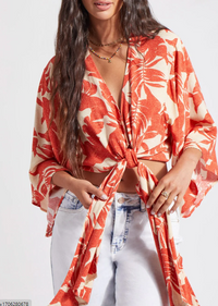 PRINTED KIMONO TOP WITH FRONT TIE
