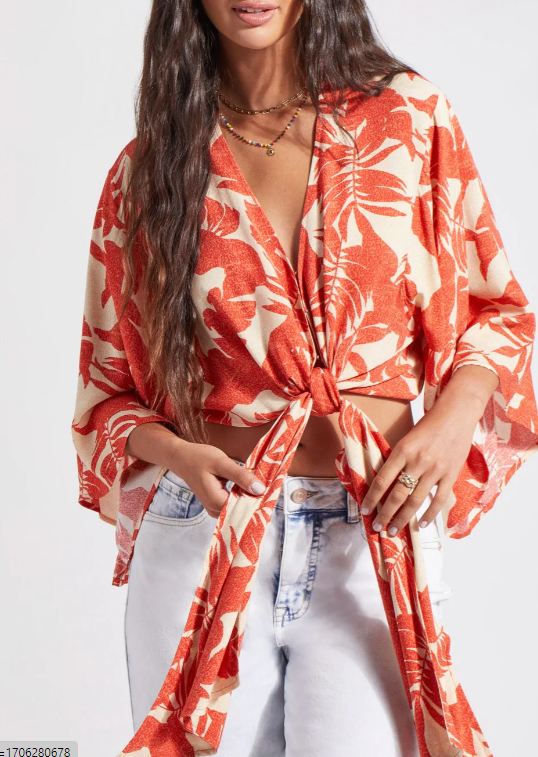 PRINTED KIMONO TOP WITH FRONT TIE