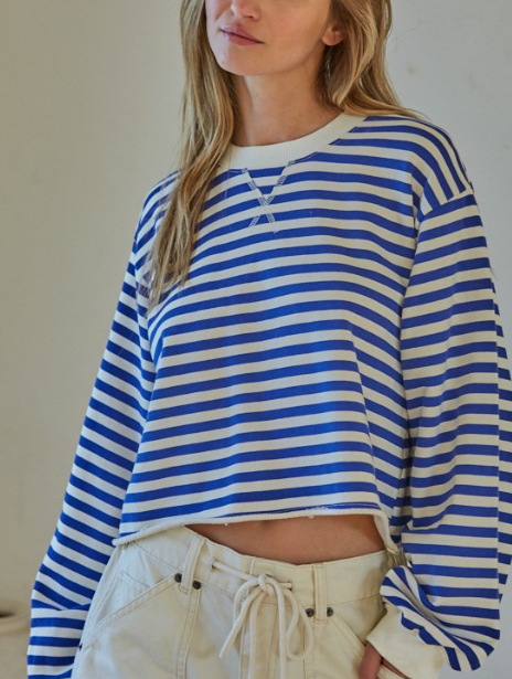 Knit Cotton Striped Crew Neck Long Sleeve Pullover