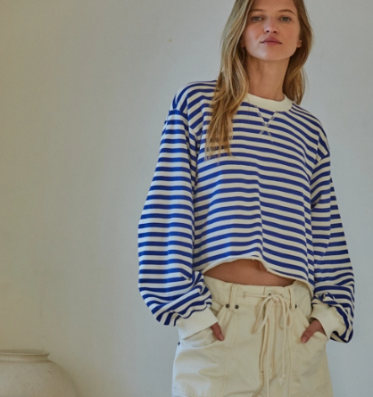 Knit Cotton Striped Crew Neck Long Sleeve Pullover