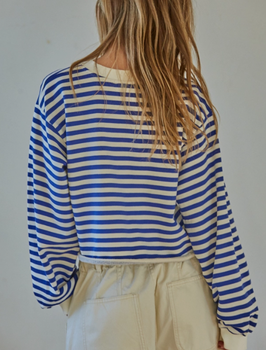 Knit Cotton Striped Crew Neck Long Sleeve Pullover