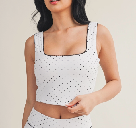 Polka Dot Print Crop Tank with Lace Trim