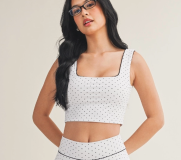 Polka Dot Print Crop Tank with Lace Trim