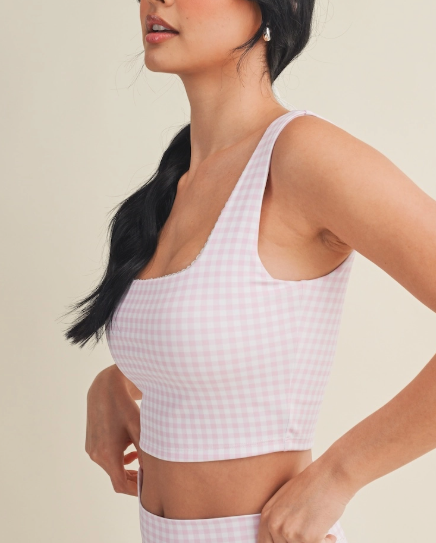 Gingham Print Crop Tank with Lace Trim