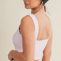 Gingham Print Crop Tank with Lace Trim