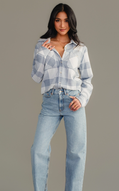 White & Dusty Blue Plaid Button Up