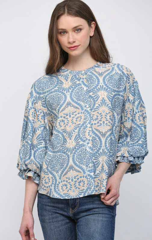 Damask Print Balloon Sleeve Blouse