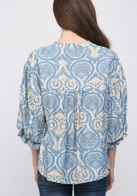 Damask Print Balloon Sleeve Blouse