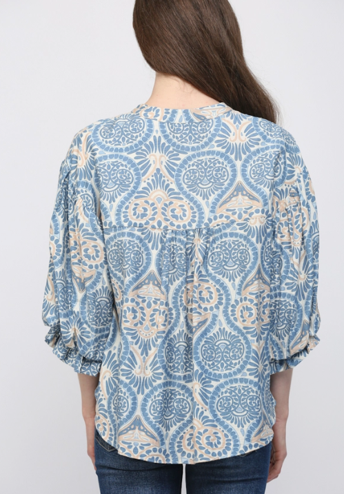 Damask Print Balloon Sleeve Blouse