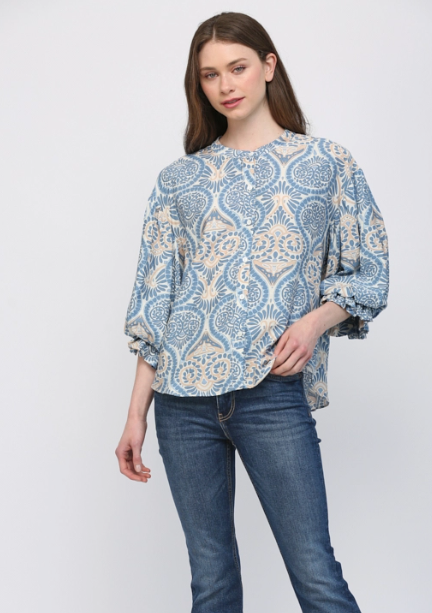 Damask Print Balloon Sleeve Blouse