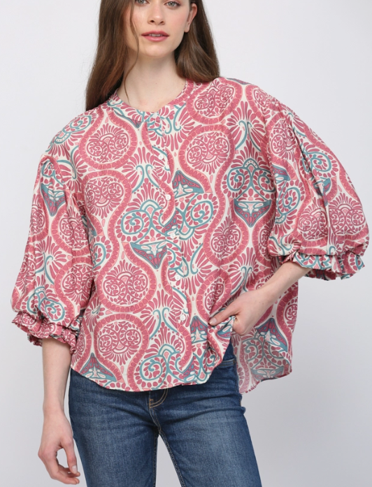 Damask Print Balloon Sleeve Blouse