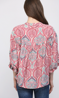 Damask Print Balloon Sleeve Blouse