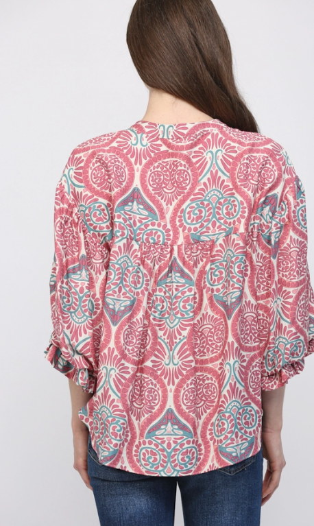 Damask Print Balloon Sleeve Blouse