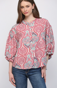 Damask Print Balloon Sleeve Blouse