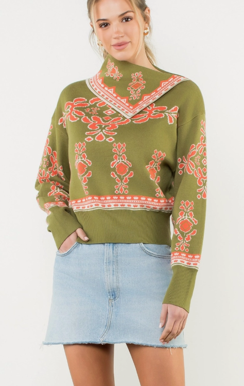 Scarf Neck Print Sweater