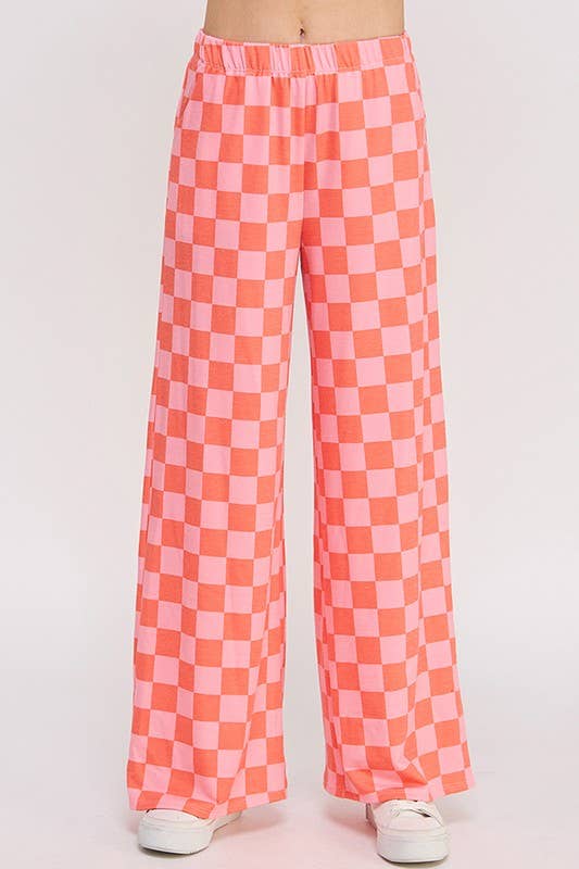 HIGH WAIST CHECKERED STRAIGHT LEG KNIT PANTS: RED/PINK