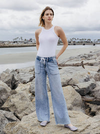 HIGH RISE DRAWSTRING WAISTBAND WIDE LEG JEANS