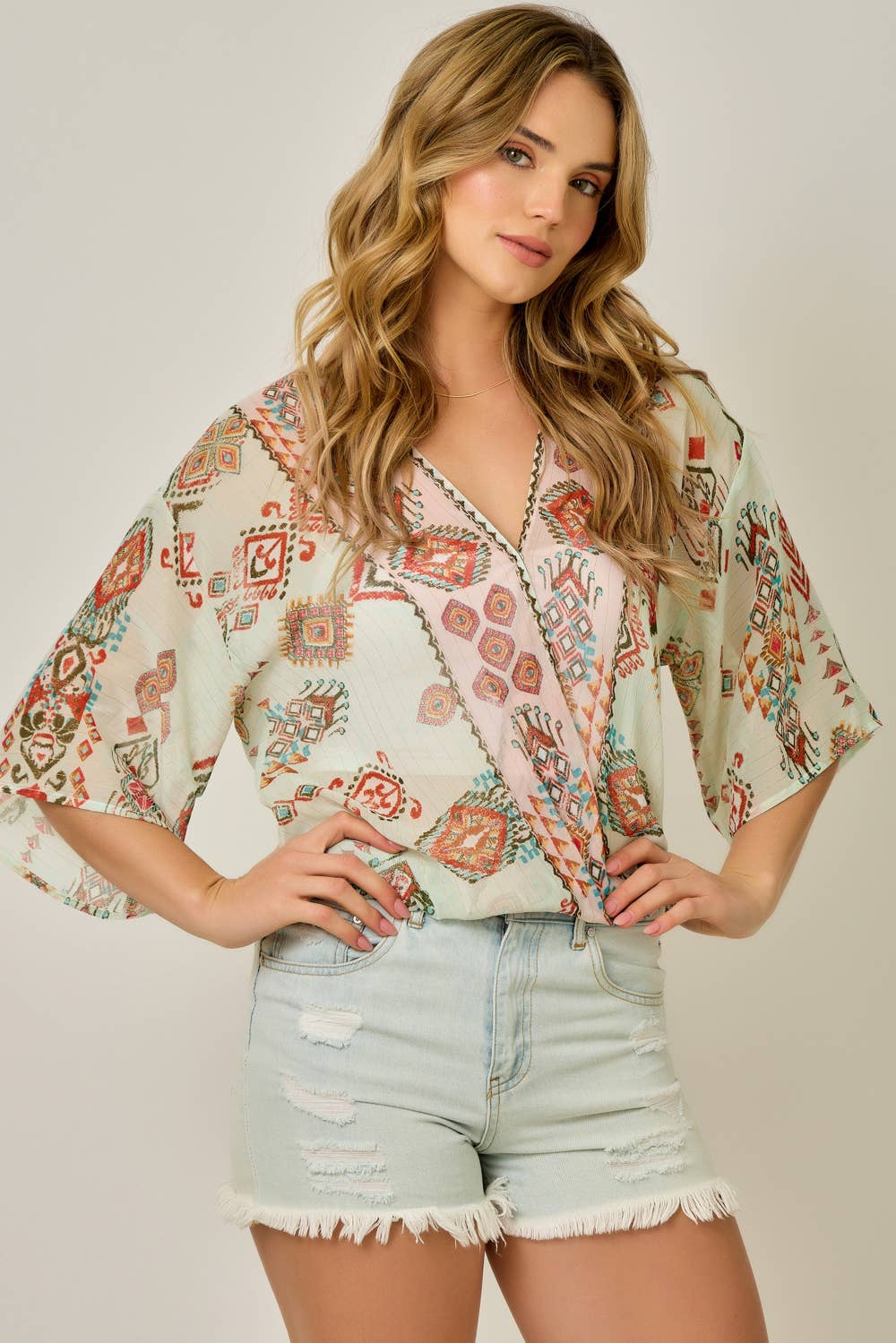 Printed Front Wrap Kimono Top