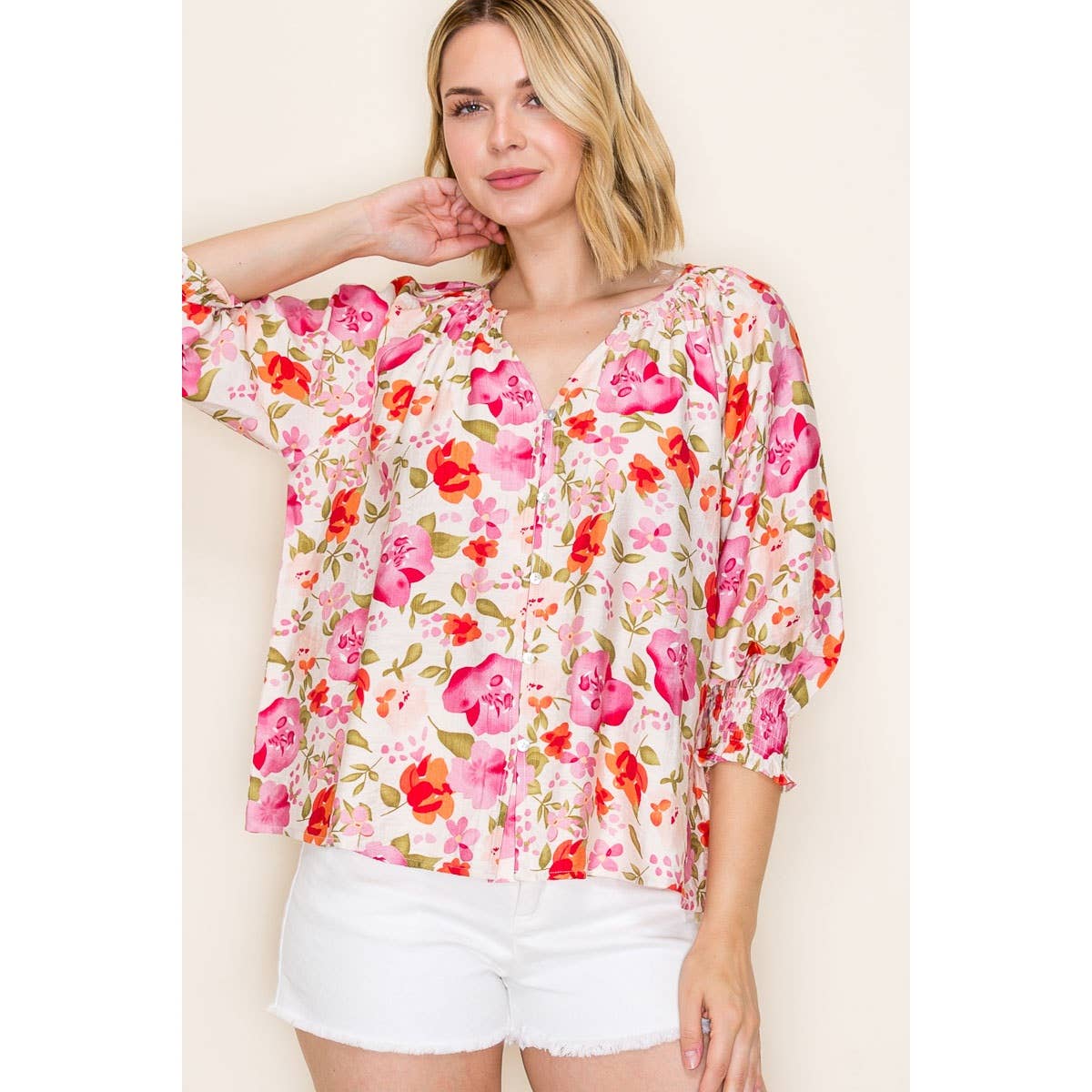 3Q SMOCKED CUFF SLEEVE FLORAL PRINT TOP: FUCHSIA