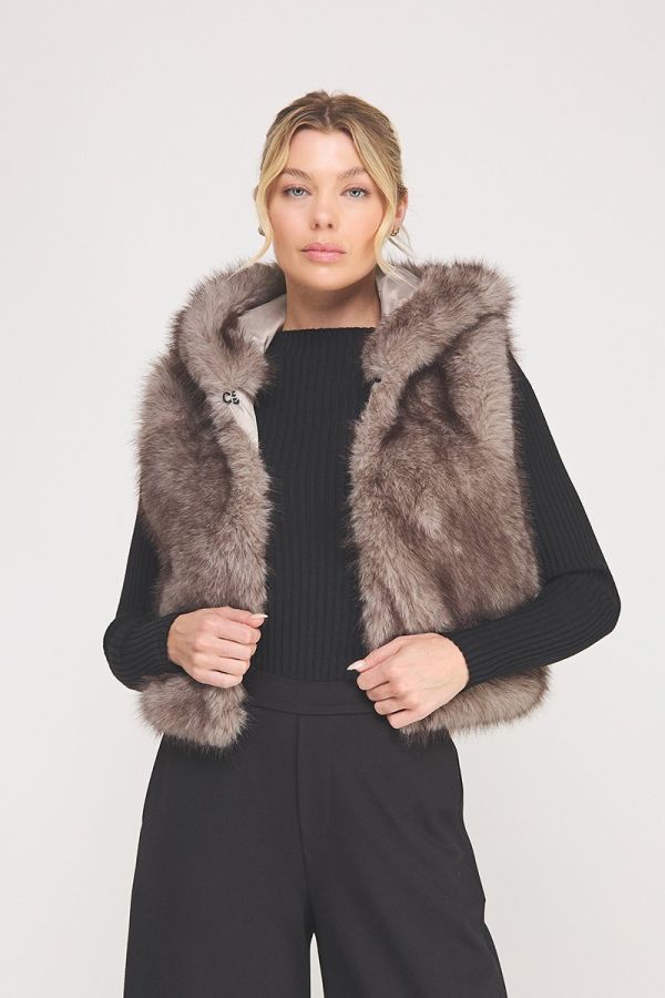 Faux Fur Hoodie Zip-Up Vest