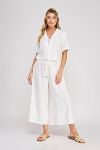 Soft linen smocked tie waist flowy capri