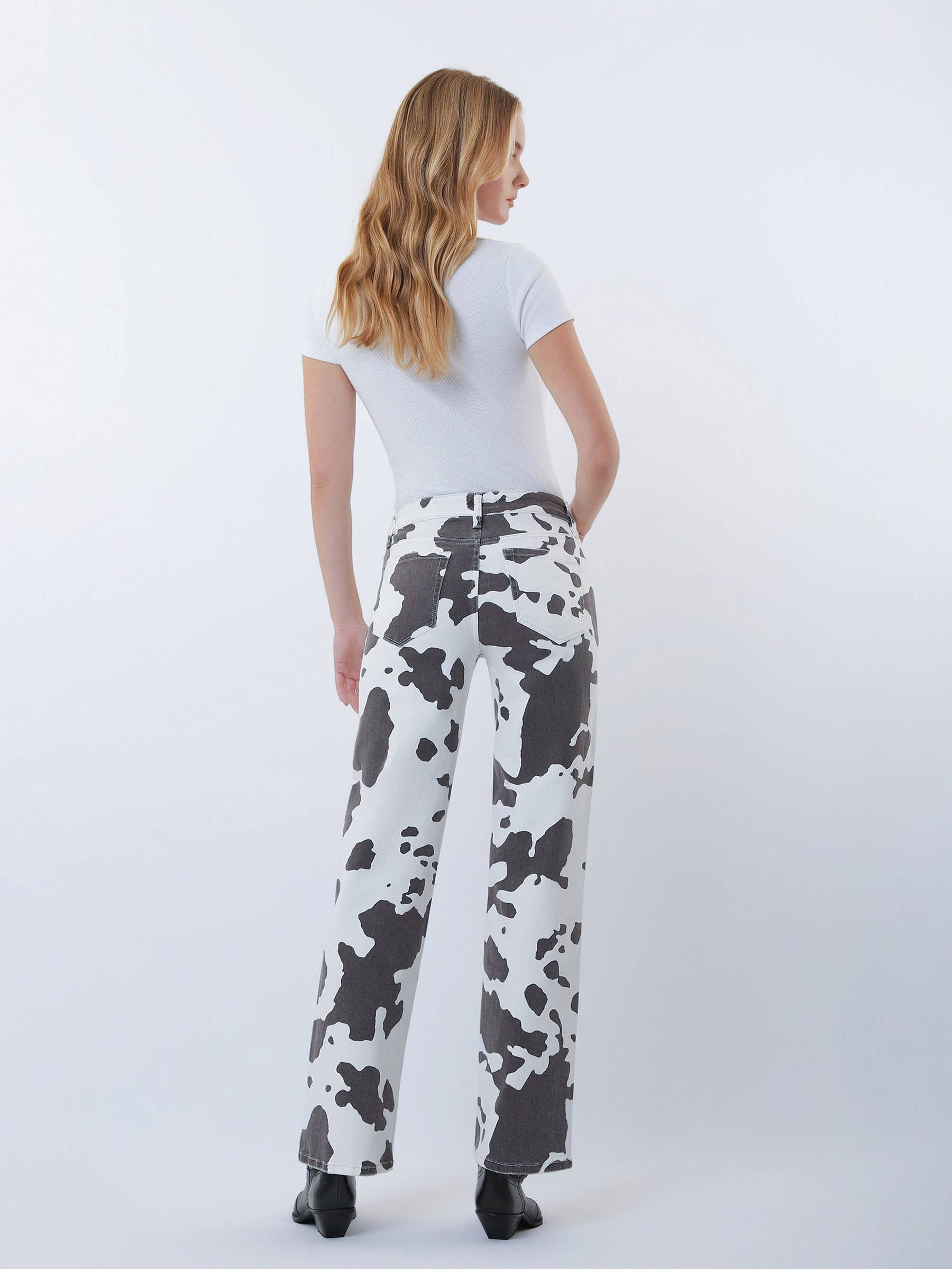 HIGH RISE FULL LENGTH COW PRINT WIDE JEANS