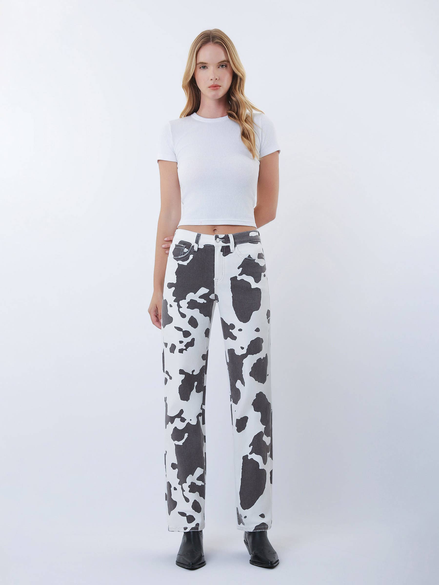 HIGH RISE FULL LENGTH COW PRINT WIDE JEANS