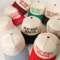 ON MY WORST BEHAVIOR Embroidered Trucker Hat: DENIM / One Size