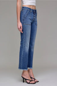 Medium Wash Frayed Hem Cargo Crop Flare