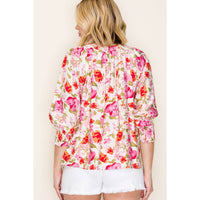 3Q SMOCKED CUFF SLEEVE FLORAL PRINT TOP: FUCHSIA