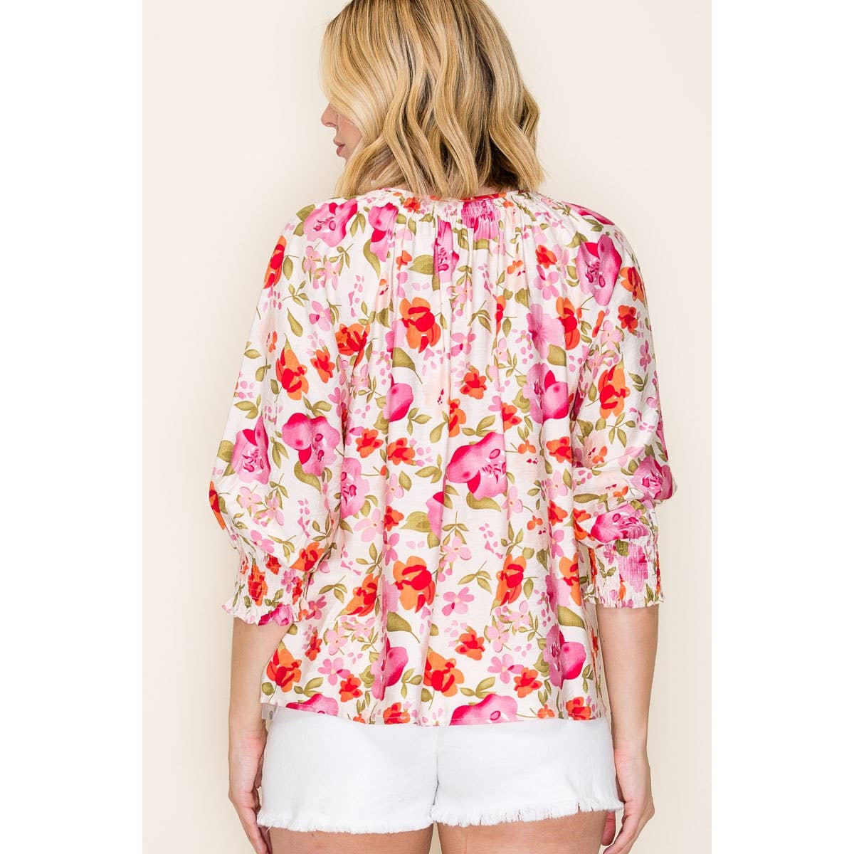 3Q SMOCKED CUFF SLEEVE FLORAL PRINT TOP: FUCHSIA