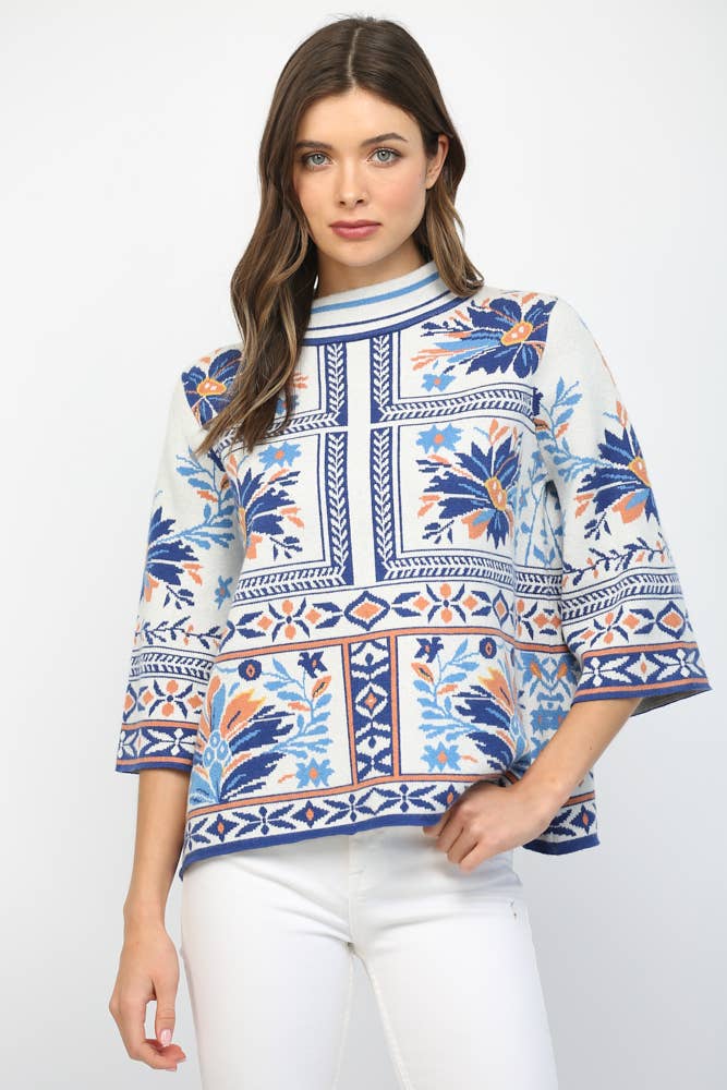 PATCHWORK PATTERN MOCK NECK SWEATER