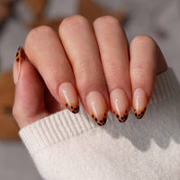 Short Oval French Tip Nails Press On - 30 Stick On Nails Kit: Espresso Leopard