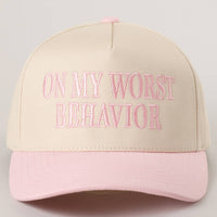 ON MY WORST BEHAVIOR Embroidered Trucker Hat: DENIM / One Size