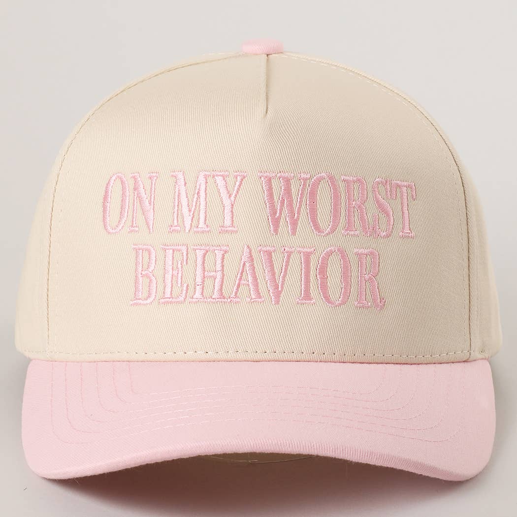 ON MY WORST BEHAVIOR Embroidered Trucker Hat: DENIM / One Size