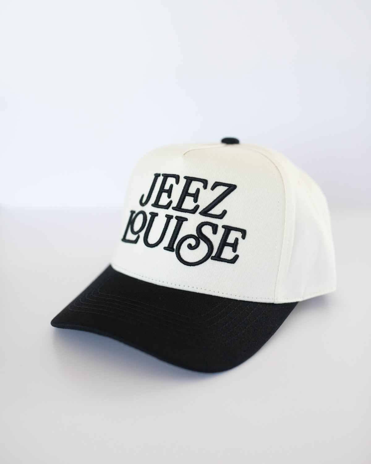 Jeez Louise Unisex Trucker Hat - Black & Cream