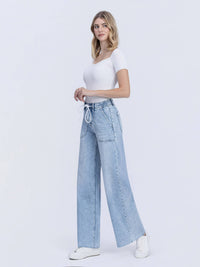 HIGH RISE DRAWSTRING WAISTBAND WIDE LEG JEANS