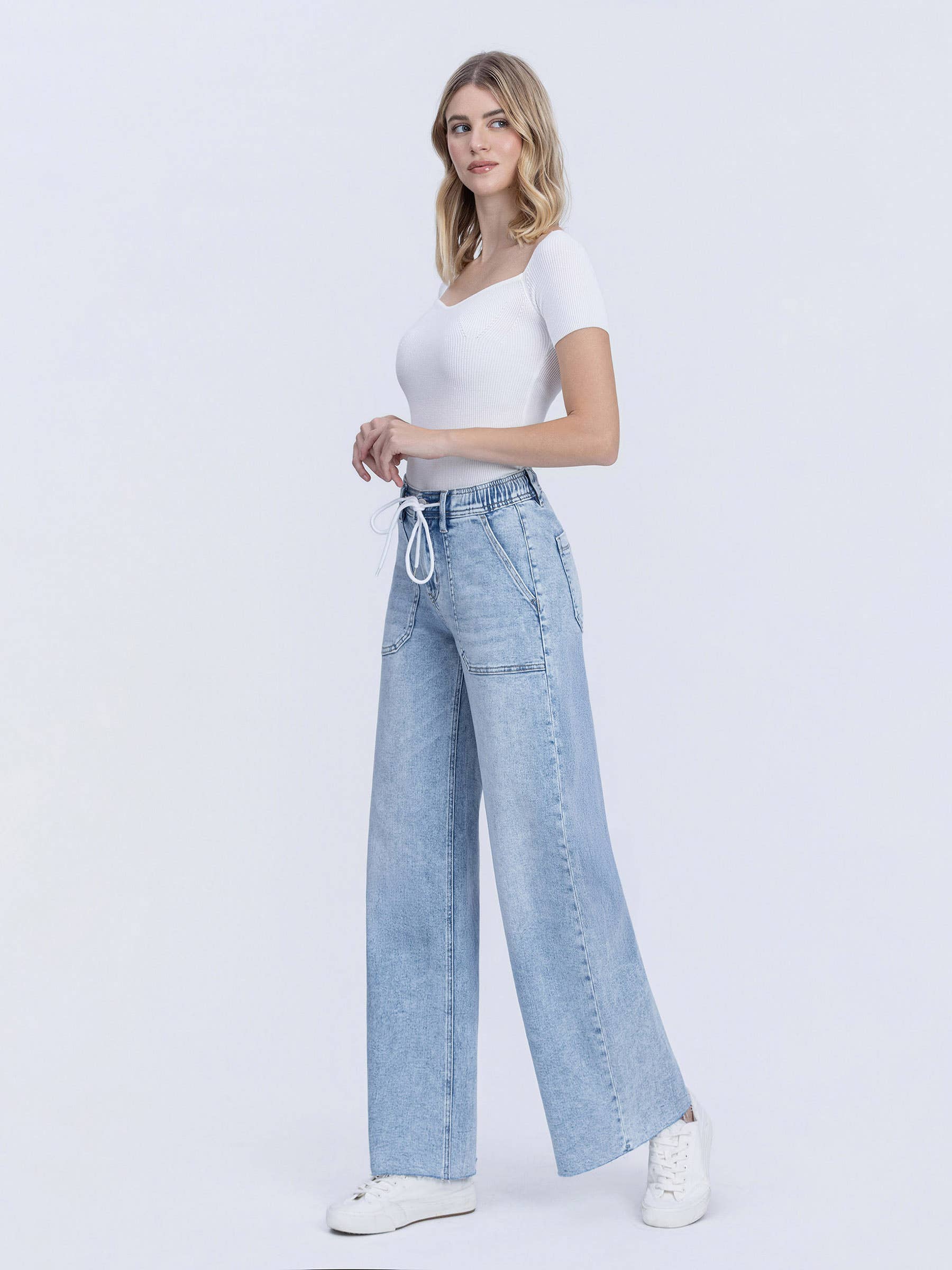 HIGH RISE DRAWSTRING WAISTBAND WIDE LEG JEANS