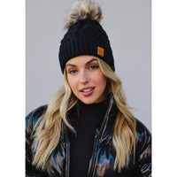 Solid Cable Knit Hat with Pom