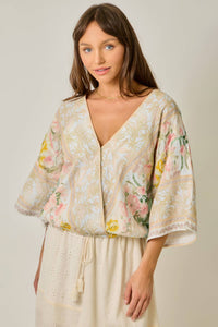 Border Print Front Wrap Kimono Top