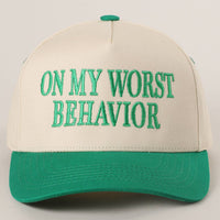 ON MY WORST BEHAVIOR Embroidered Trucker Hat: DENIM / One Size