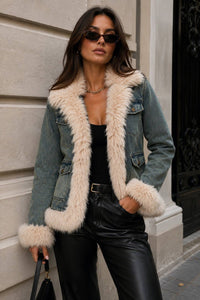 Vintage Chic Faux Fur Trim Denim Jacket