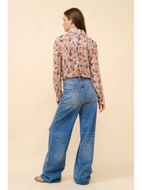 Western Print Chiffon Button Up Blouse